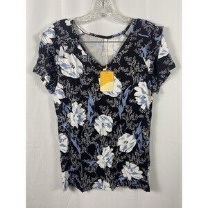 YVH Women’s Short Flutter Sleeve Sz M Top V Neck Rayon Spandex Floral Stretch